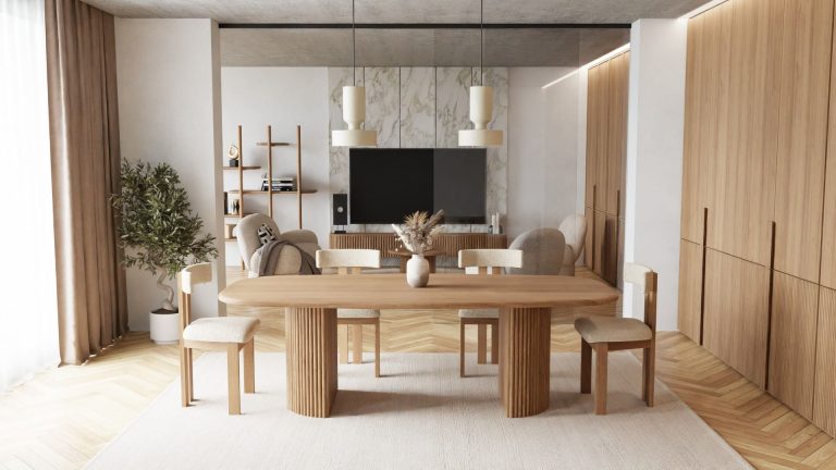 Aranżacja salonu w stylu japandi z modnymi meblami i jadalnią